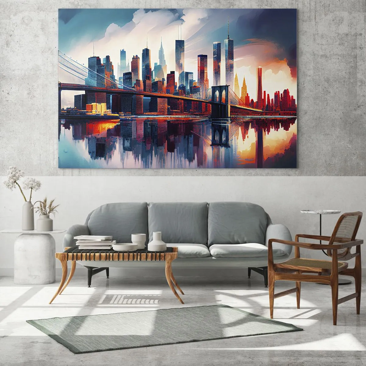 Cuadro sobre vidrio - Impresiones sobre Vidrio - Panorama de la ciudad con un puente contra el cielo colorido y reflejo en el agua. - 100x70cm - Nueva York siempre luce - Decoración de pared moderna para salón y dormitorio ARTTOR