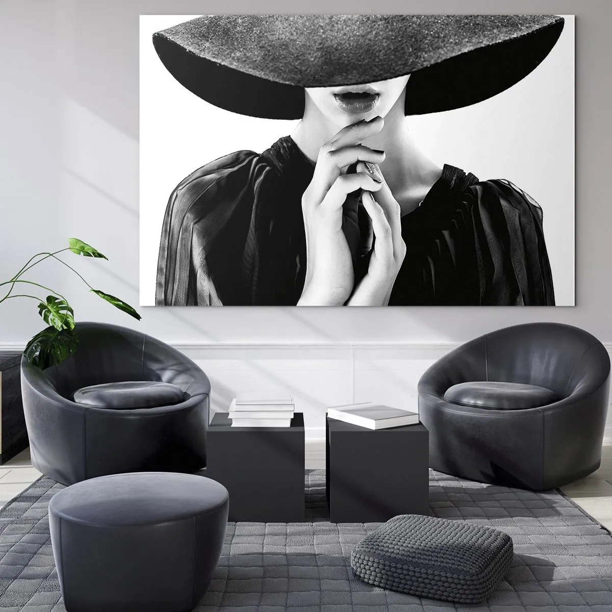 Cuadro sobre vidrio - Impresiones sobre Vidrio - Mujer elegante vestida de negro con un sombrero que le cubre la cara. - 70x50cm - Belleza oculta - Decoración de pared moderna para salón y dormitorio ARTTOR