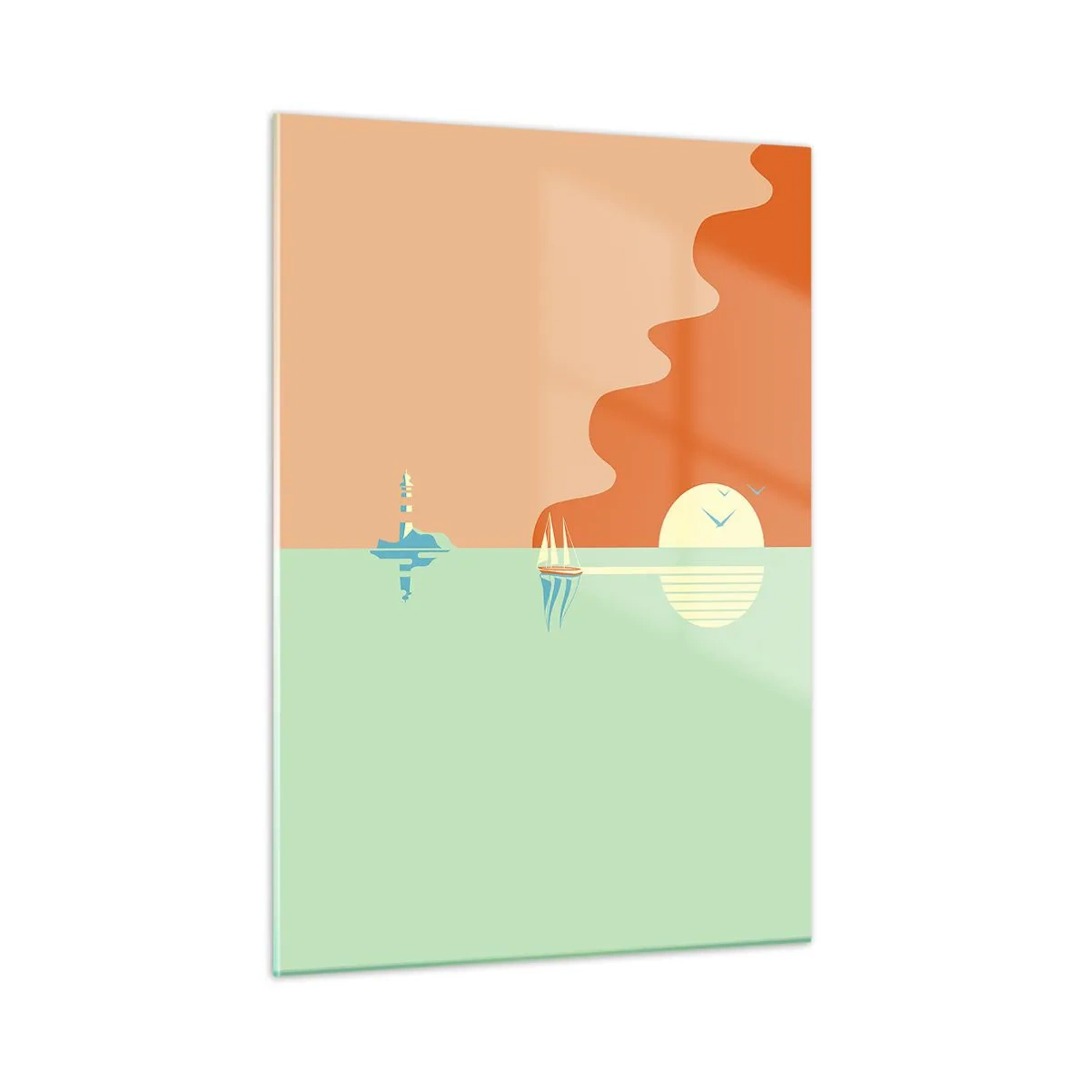 Cuadro sobre vidrio - Impresiones sobre Vidrio - Una puesta de sol minimalista con un velero y un faro. - 50x70cm - Un paisaje marino perfecto - Decoración de pared moderna para salón y dormitorio ARTTOR