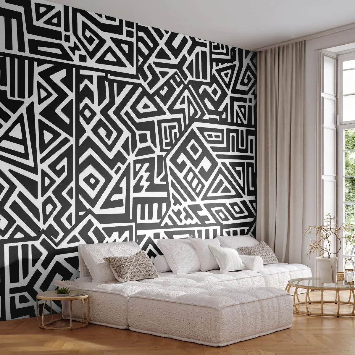 Fotomural Autadhesivo Deluxe Sticker - Composición precolombina - Abstracción, Pedazo, En blanco y negro - 100x70 cm