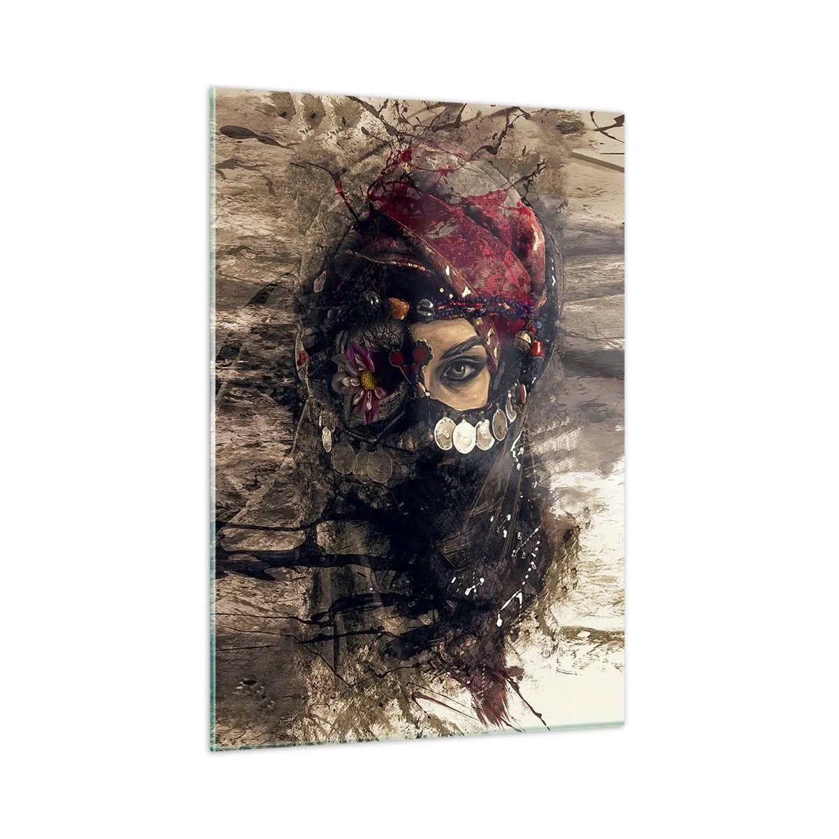 Cuadro sobre vidrio - Impresiones sobre Vidrio - Retrato de una mujer misteriosa con un turbante rojo. - 50x70cm - Inquietante, como mínimo - Decoración de pared moderna para salón y dormitorio ARTTOR