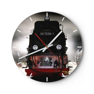 Reloj de pared - Reloj de vidrio - Una locomotora de vapor de estilo retro rodeada de niebla. - 30x30cm - De pie, jadeando y soplando - Decoración de pared moderna para salón, cocina y dormitorio ARTTOR