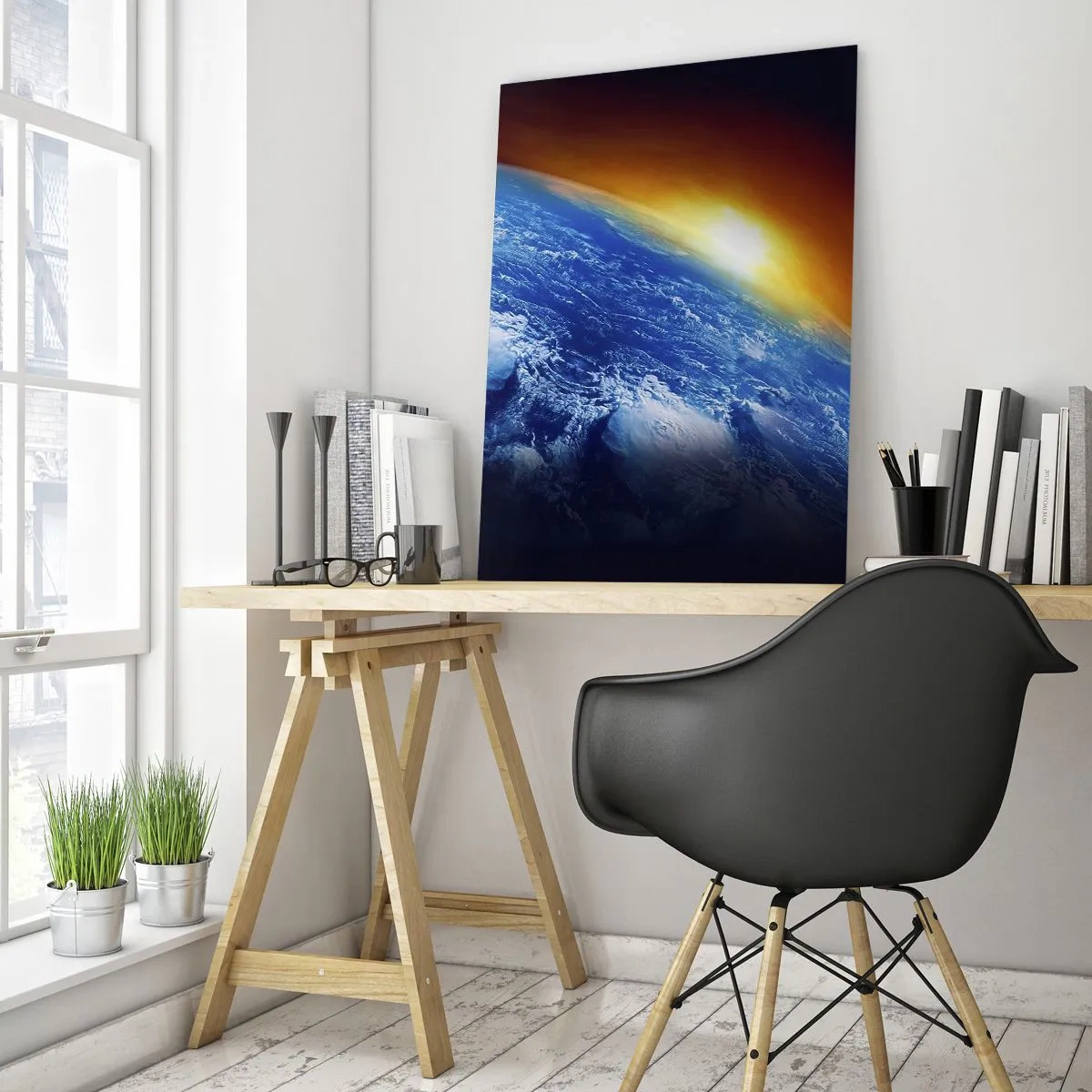 Cuadro sobre vidrio - Impresiones sobre Vidrio - La Tierra en el espacio iluminada por los rayos del sol. - 50x70cm - Amanecer en un planeta azul - Decoración de pared moderna para salón y dormitorio ARTTOR