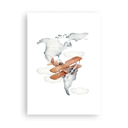 Póster - Un biplano sobre un mapa del mundo en las nubes. - 50x70cm - Con espíritu pionero - Decoración de pared moderna para salón y dormitorio ARTTOR