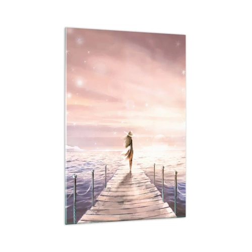 Cuadro sobre vidrio - Impresiones sobre Vidrio - Una mujer en un embarcadero en un entorno mágico de puesta de sol. - 70x100cm - A la luz de un sueño - Decoración de pared moderna para salón y dormitorio ARTTOR