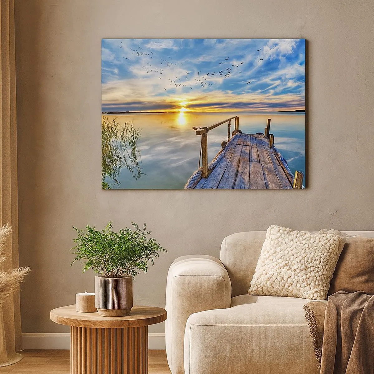 Cuadro sobre lienzo - Impresión de Imagen - Muelle de madera sobre el lago al atardecer - 70x50cm - El viento se va a descansar - Decoración de pared moderna para salón y dormitorio ARTTOR