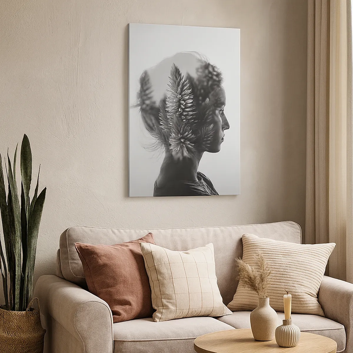 Cuadro sobre lienzo - Impresión de Imagen - Hojas tropicales sobre un fondo geométrico. - 50x70cm - Composición simétrica de la naturaleza - Decoración de pared moderna para salón y dormitorio ARTTOR