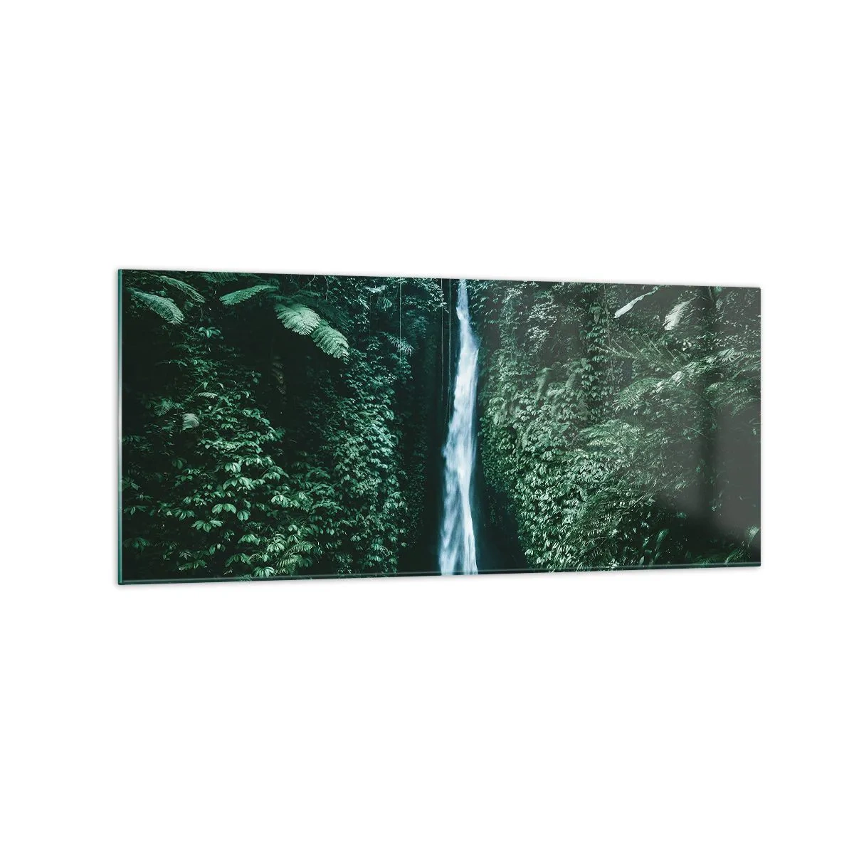 Cuadro sobre vidrio - Impresiones sobre Vidrio - Una cascada rodeada de densa vegetación tropical. - 120x50cm - Balneario tropical - Decoración de pared moderna para salón y dormitorio ARTTOR