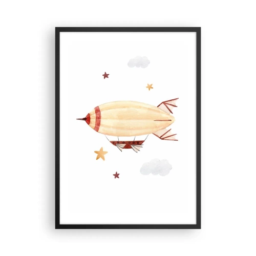 Póster en marco negro - Un dirigible de acuarela flotando entre las estrellas y las nubes. - 50x70cm - Dirigible - Decoración de pared moderna para salón y dormitorio ARTTOR