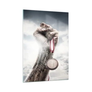 Cuadro sobre vidrio - Impresiones sobre Vidrio - Una mano sosteniendo una medalla sobre un fondo de nubes. - 50x70cm - Per aspera ad astra - Decoración de pared moderna para salón y dormitorio ARTTOR