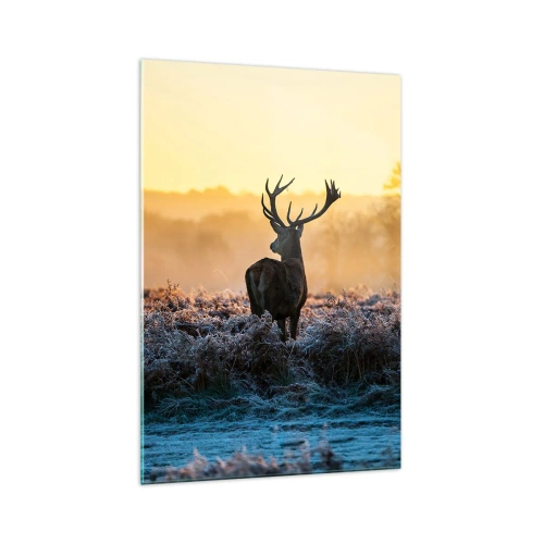 Cuadro sobre vidrio - Impresiones sobre Vidrio - Un ciervo en un claro helado al amanecer. - 70x100cm - Coronado en sus propios dominios - Decoración de pared moderna para salón y dormitorio ARTTOR