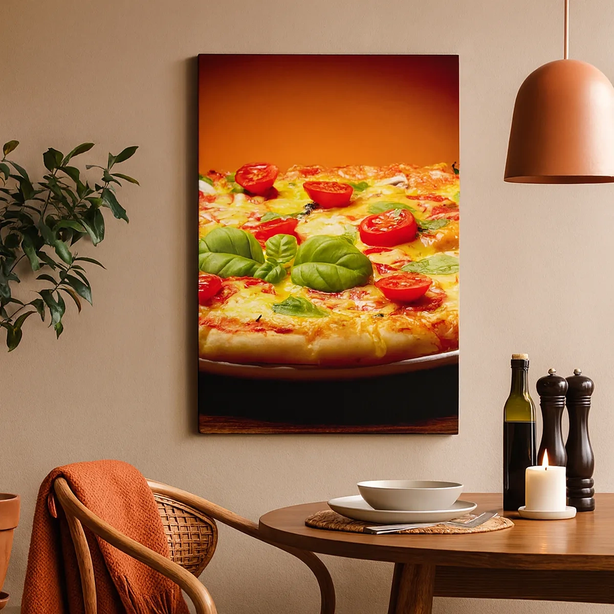 Cuadro sobre lienzo - Impresión de Imagen - Pizza con tomates y albahaca sobre una mesa de madera. - 50x70cm - ¡Mamma mia! - Decoración de pared moderna para salón y dormitorio ARTTOR