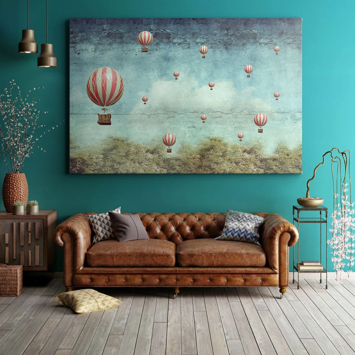 Cuadro sobre lienzo - Impresión de Imagen - Globos retro contra un cielo azul y un fondo verde. - 120x80cm - Libre del ajetreo de la vida - Decoración de pared moderna para salón y dormitorio ARTTOR