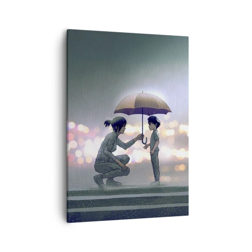 Cuadro sobre lienzo - Impresión de Imagen - Una figura con un paraguas protegiendo a un niño contra el fondo de luces nocturnas. - 50x70cm - Y todo está bien - Decoración de pared moderna para salón y dormitorio ARTTOR