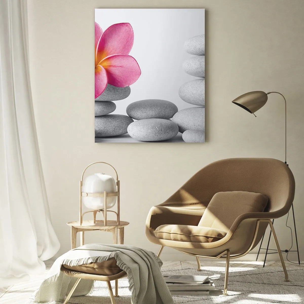 Cuadro sobre vidrio - Impresiones sobre Vidrio - Flor rosa sobre piedras de estilo zen - 70x100cm - Piedra sobre piedra, y sobre esta piedra.... - Decoración de pared moderna para salón y dormitorio ARTTOR