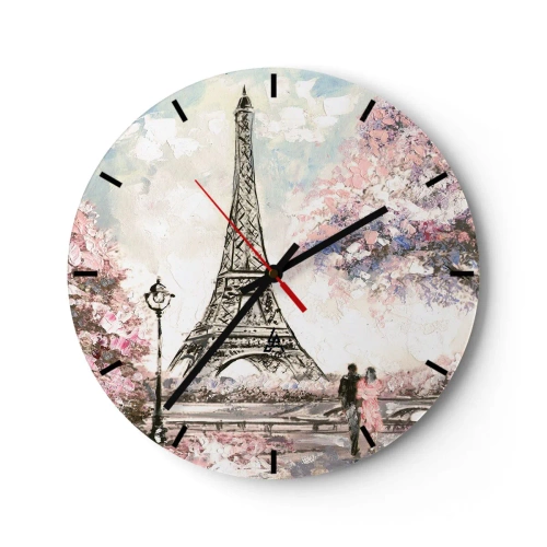 Reloj de pared - Reloj de vidrio - La Torre Eiffel rodeada de árboles en flor. - 30x30cm - Un paseo por París en abril - Decoración de pared moderna para salón, cocina y dormitorio ARTTOR