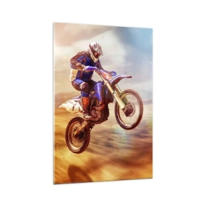 Cuadro sobre vidrio - Impresiones sobre Vidrio - Un motociclista en vuelo durante un dinámico recorrido todoterreno. - 70x100cm - Vértigo sobre dos ruedas - Decoración de pared moderna para salón y dormitorio ARTTOR
