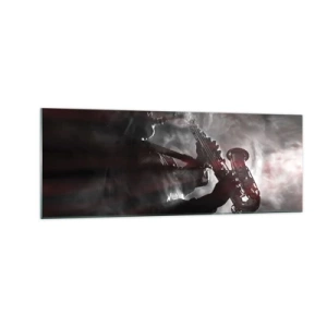 Cuadro sobre vidrio - Impresiones sobre Vidrio - Saxofonista en humo en el escenario en negro y rojo atmosférico - 140x50cm - En el vapor del jazz - Decoración de pared moderna para salón y dormitorio ARTTOR