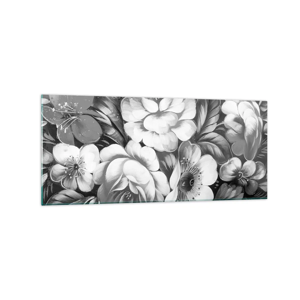 Cuadro sobre vidrio - Impresiones sobre Vidrio - Flores en blanco y negro en una composición clásica y elegante. - 120x50cm - Hermoso incluso en el gris - Decoración de pared moderna para salón y dormitorio ARTTOR