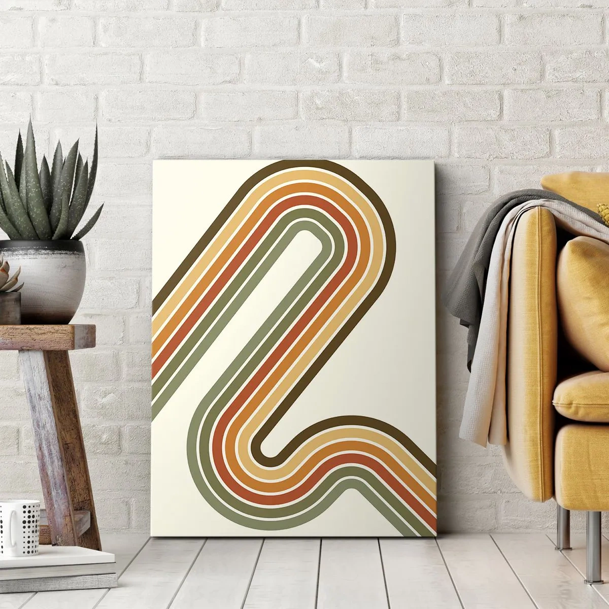 Cuadro sobre lienzo - Impresión de Imagen - Patrón geométrico en tonos verde, naranja y beige sobre un fondo claro. - 70x100cm - Zigzagueando hasta su destino - Decoración de pared moderna para salón y dormitorio ARTTOR