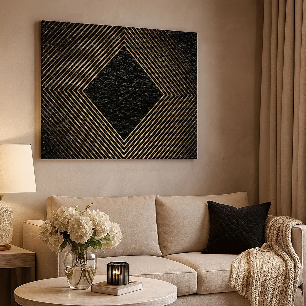Cuadro sobre lienzo - Impresión de Imagen - Fondo negro con un patrón geométrico de líneas doradas. - 70x50cm - Geometría al estilo glamour - Decoración de pared moderna para salón y dormitorio ARTTOR