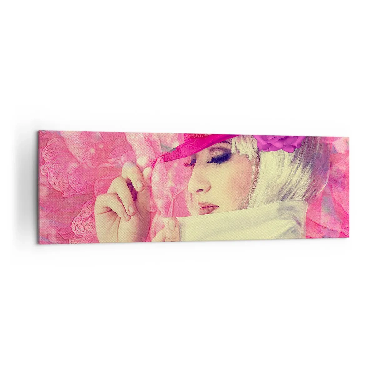 Cuadro sobre lienzo - Impresión de Imagen - Mujer elegante con un sombrero rosa y una flor. - 160x50cm - Retrato retro en rosa - Decoración de pared moderna para salón y dormitorio ARTTOR