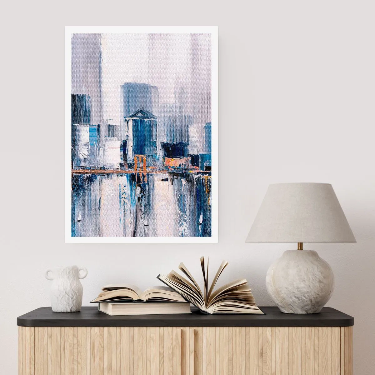 Póster - Panorama abstracto de la ciudad en tonos azules y blancos - 50x70cm - Impresión neoyorquina - Decoración de pared moderna para salón y dormitorio ARTTOR