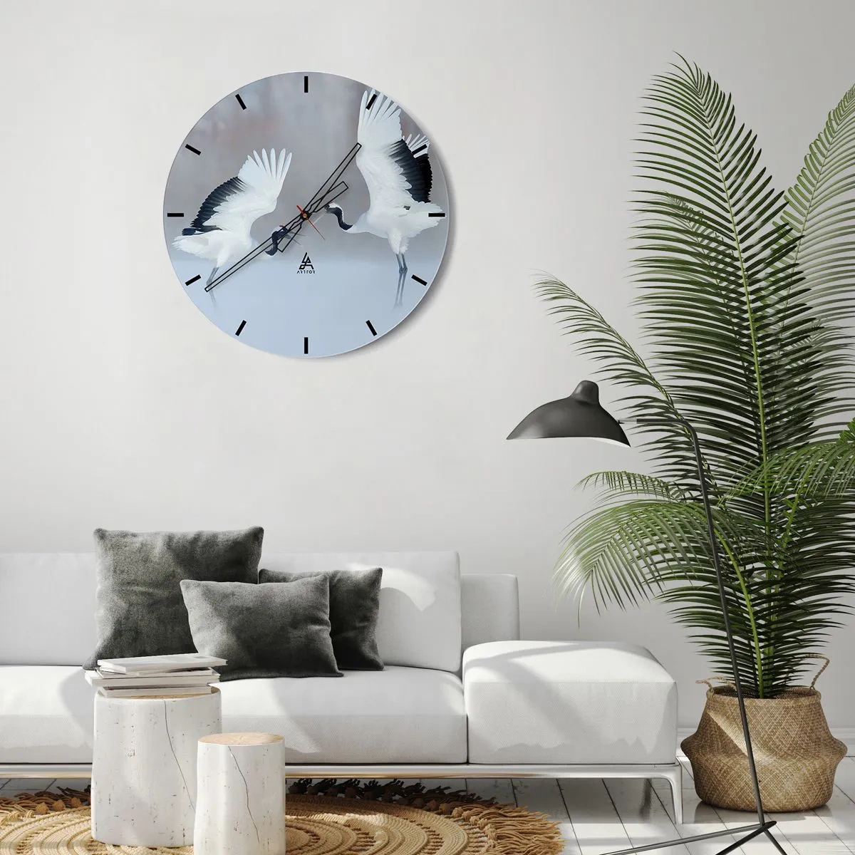 Reloj de pared - Reloj de vidrio - Dos grullas danzantes en un paisaje invernal - 30x30cm - Danza en la niebla - Decoración de pared moderna para salón, cocina y dormitorio ARTTOR