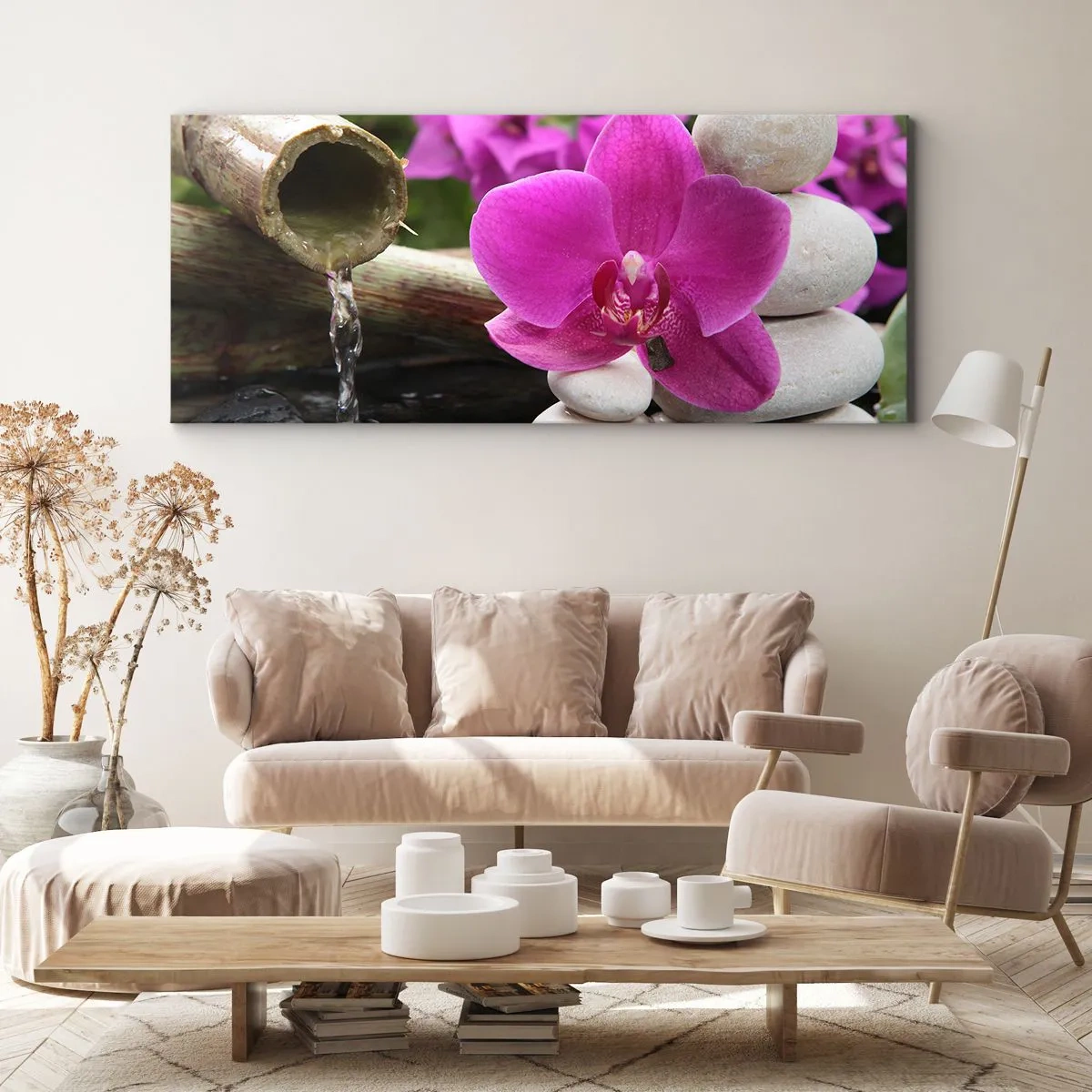 Cuadro sobre lienzo - Impresión de Imagen - Orquídea morada, piedras y bambú con agua en un entorno relajante. - 160x50cm - Ya estás descansando - Decoración de pared moderna para salón y dormitorio ARTTOR