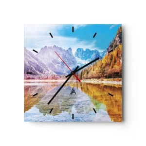 Reloj de pared - Reloj de vidrio - Paisaje otoñal de montaña con un lago - 30x30cm - Ya es otoño en las montañas - Decoración de pared moderna para salón y dormitorio ARTTOR
