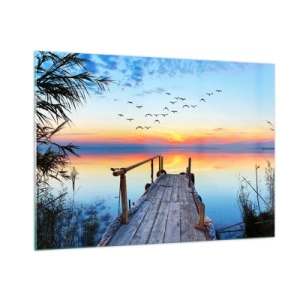 Cuadro sobre vidrio - Impresiones sobre Vidrio - Un embarcadero de madera sobre un lago al atardecer con una bandada de pájaros volando sobre él. - 100x70cm - Es hora de volver... - Decoración de pared moderna para salón y dormitorio ARTTOR