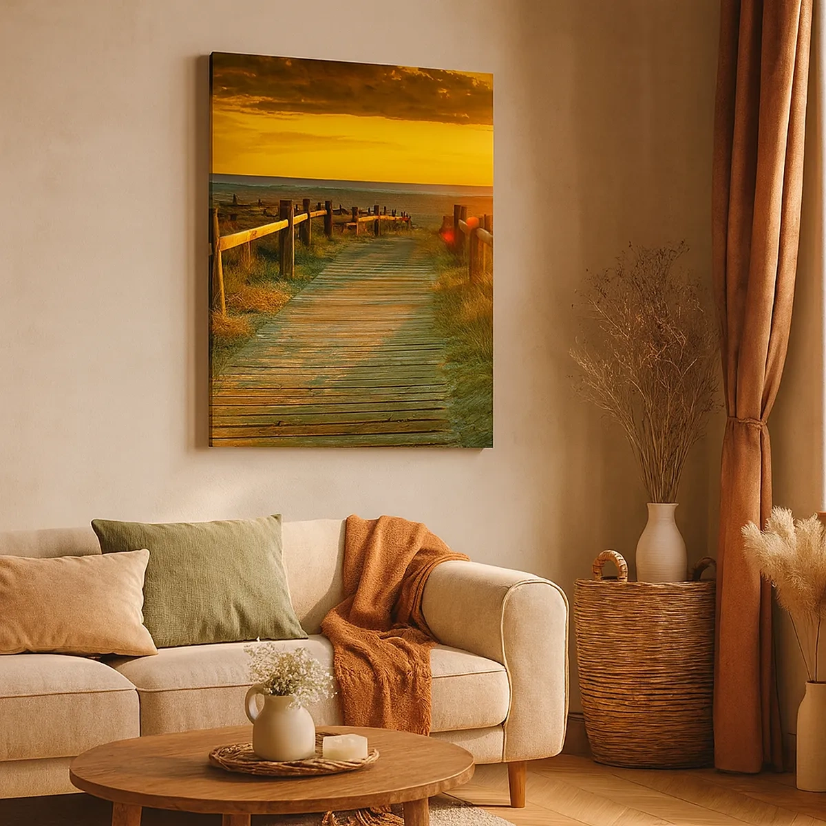 Cuadro sobre lienzo - Impresión de Imagen - Un camino de madera que conduce a la playa bajo el resplandor del sol poniente. - 50x70cm - Bañado en oro viejo - Decoración de pared moderna para salón y dormitorio ARTTOR