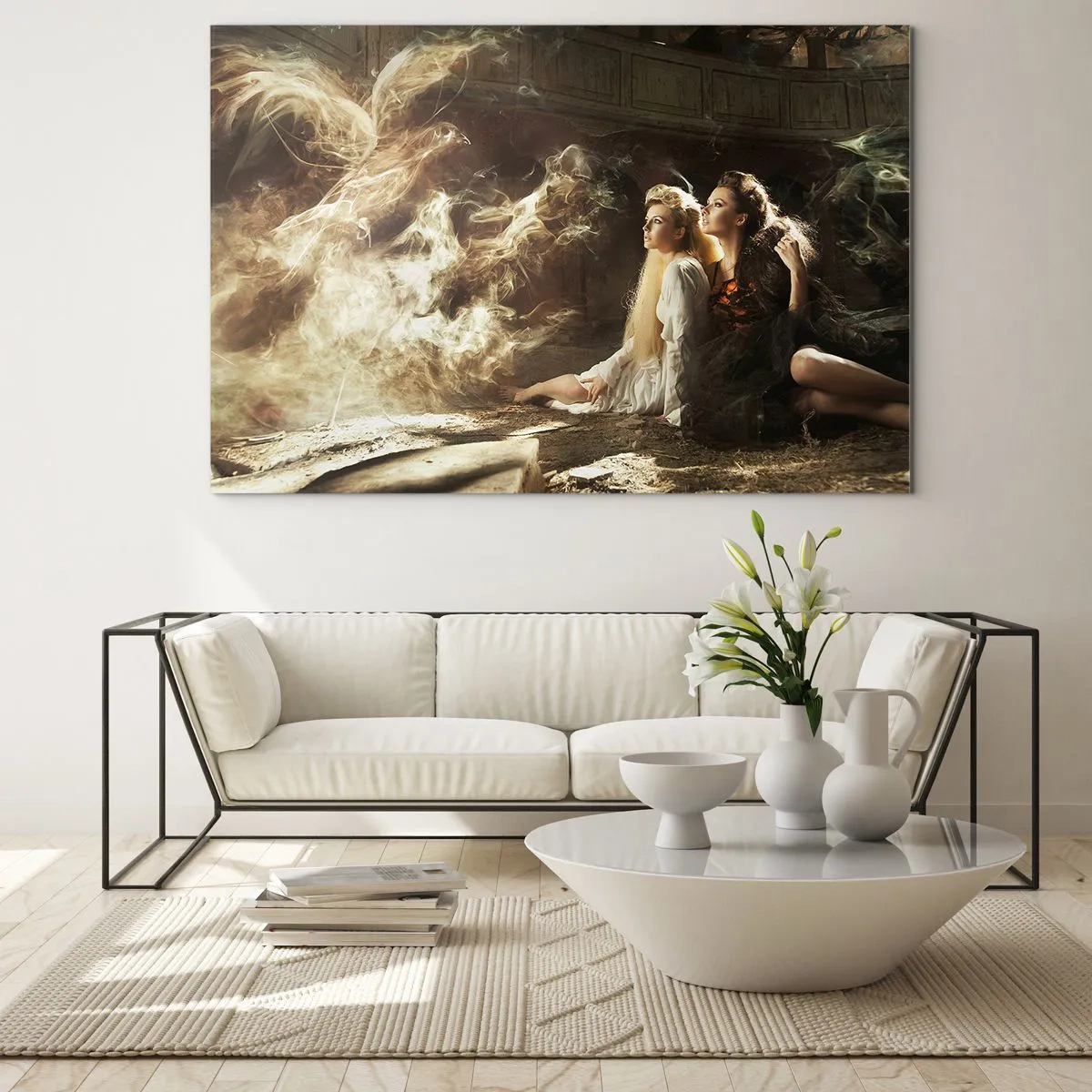 Cuadro sobre vidrio - Impresiones sobre Vidrio - Dos mujeres con un fénix ardiente en un entorno mágico - 120x80cm - Y hubo poesía - Decoración de pared moderna para salón y dormitorio ARTTOR