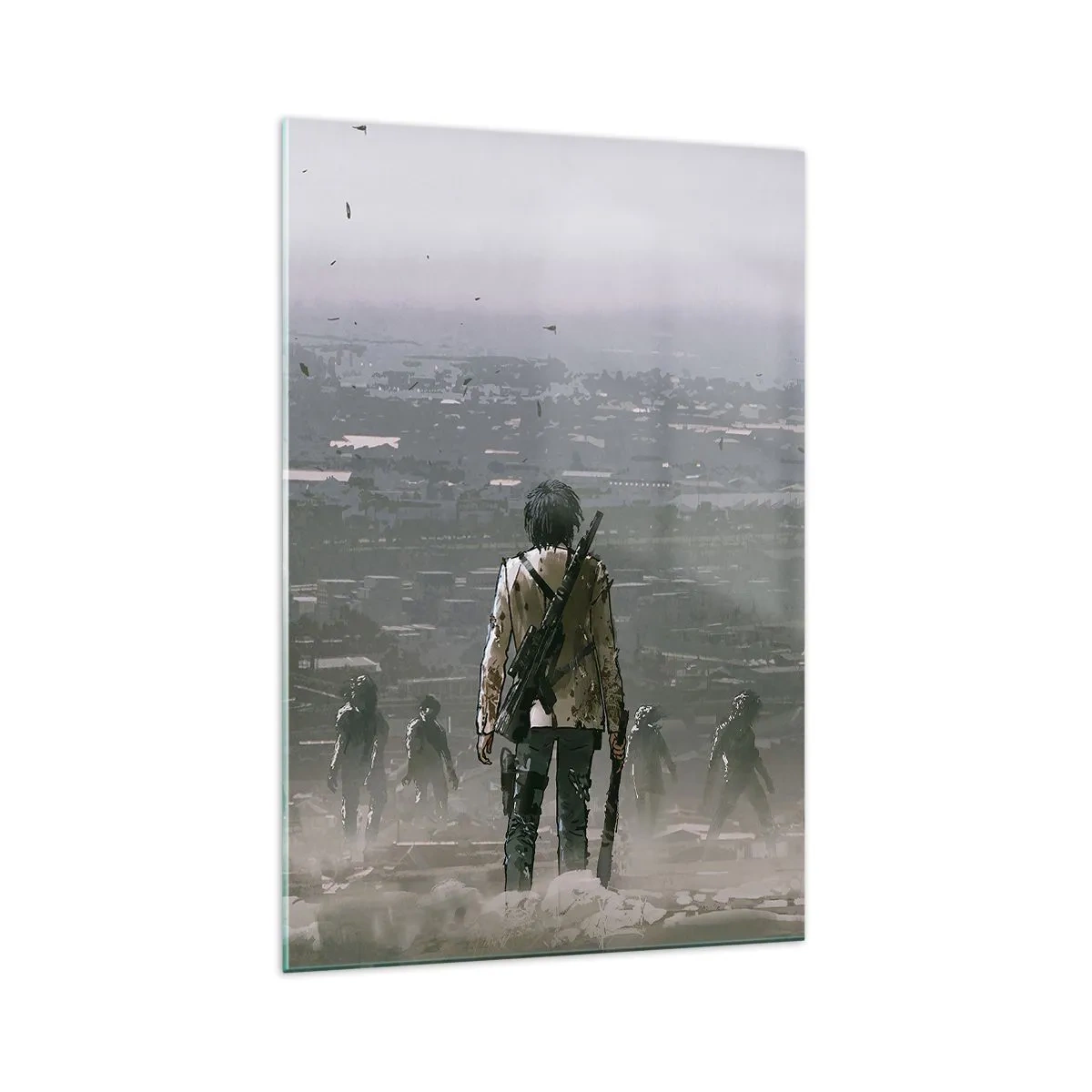 Cuadro sobre vidrio - Impresiones sobre Vidrio - Una figura con una pistola se encuentra frente a un grupo en un paisaje distópico. - 70x100cm - Soy leyenda - Decoración de pared moderna para salón y dormitorio ARTTOR