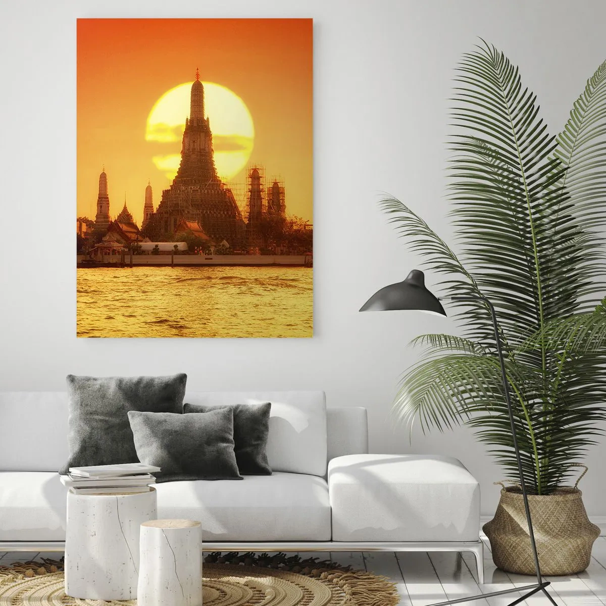 Cuadro sobre vidrio - Impresiones sobre Vidrio - Puesta de sol sobre el templo con reflejo en el agua. - 80x120cm - Hacia el sol, siempre hacia el sol - Decoración de pared moderna para salón y dormitorio ARTTOR
