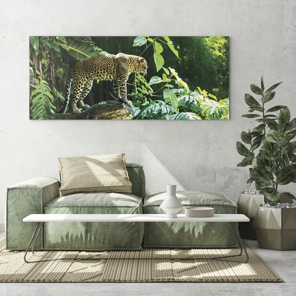 Cuadro sobre vidrio - Impresiones sobre Vidrio - Un leopardo de pie sobre una roca rodeado de vegetación tropical. - 140x50cm - ¿A la caza? - Decoración de pared moderna para salón y dormitorio ARTTOR