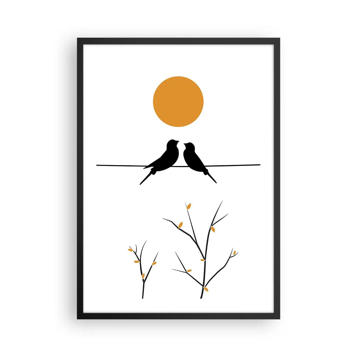 Póster en marco negro - Dos pájaros en una rama con un sol naranja al fondo. - 50x70cm - Noche de ruiseñores - Decoración de pared moderna para salón y dormitorio ARTTOR