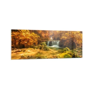 Cuadro sobre vidrio - Impresiones sobre Vidrio - Una cascada dorada en un bosque otoñal rodeado de vegetación. - 140x50cm - Cascada forestal en oro - Decoración de pared moderna para salón y dormitorio ARTTOR