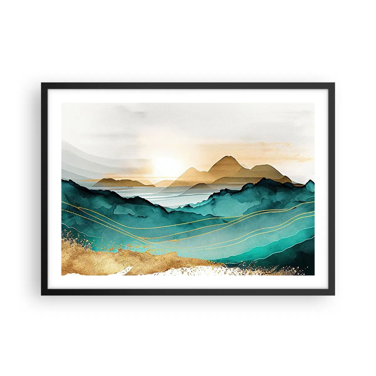 Póster en marco negro - Paisaje abstracto con montañas y acentos dorados. - 70x50cm - Al borde de la abstracción - paisaje - Decoración de pared moderna para salón y dormitorio ARTTOR