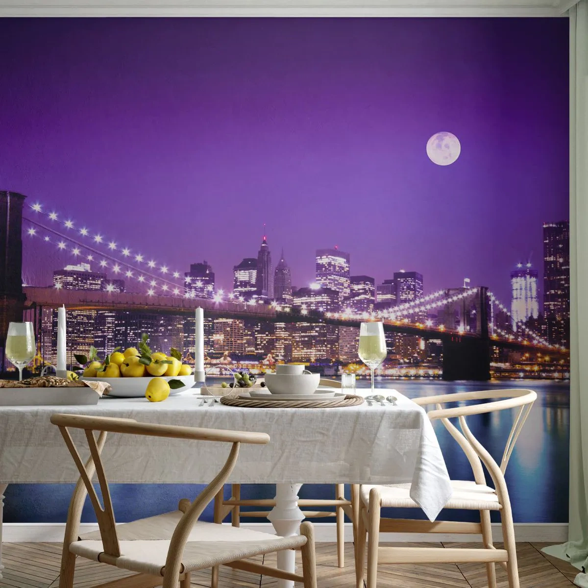 Fotomural Premium Canvas - Las luces de una gran ciudad en púrpura - Ciudad, Nueva York, puente de Brooklyn - 150x105 cm