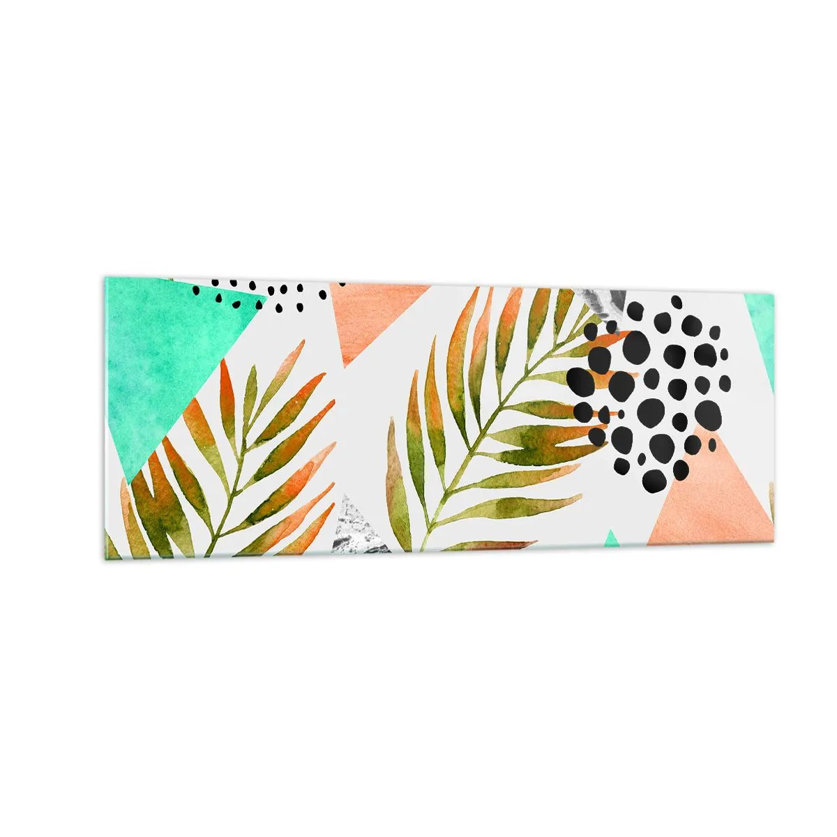 Cuadro sobre vidrio - Impresiones sobre Vidrio - Patrón tropical con hojas y formas geométricas. - 140x50cm - Decoración con hojas de palmera - Decoración de pared moderna para salón y dormitorio ARTTOR