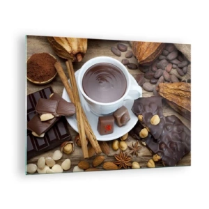 Cuadro sobre vidrio - Impresiones sobre Vidrio - Una taza de chocolate caliente con aderezos sobre un fondo rústico. - 70x50cm - Chocolate de ensueño - Decoración de pared moderna para salón y dormitorio ARTTOR