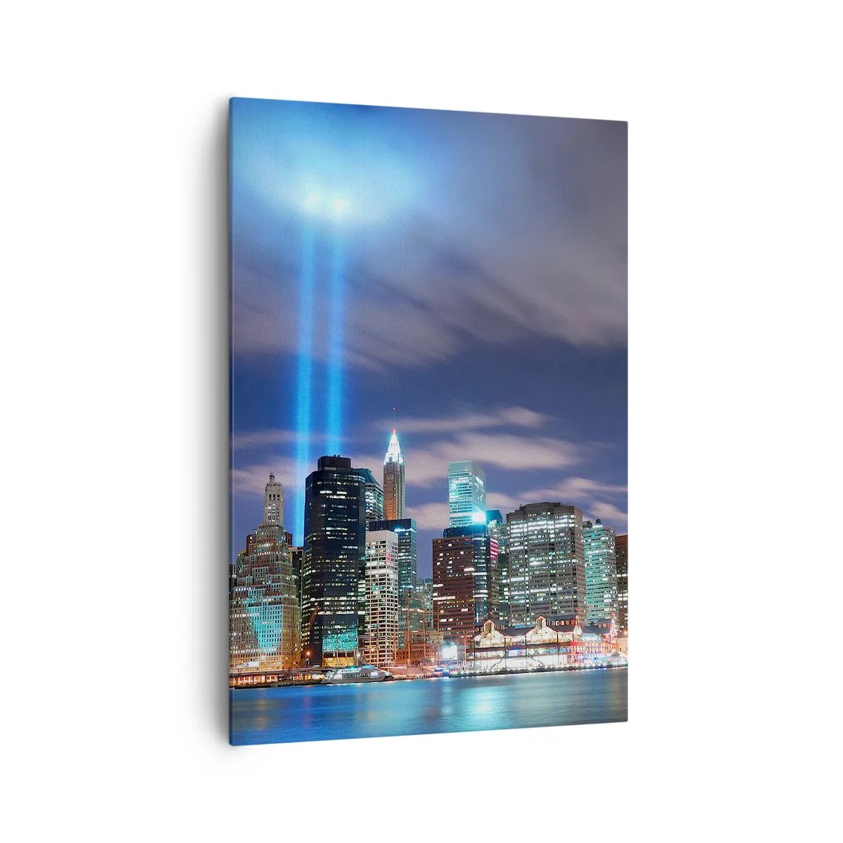 Cuadro sobre lienzo - Impresión de Imagen - Panorama nocturno de la ciudad con dos rayos de luz brillantes en el cielo - 70x100cm - Con luz para alcanzar el cielo - Decoración de pared moderna para salón y dormitorio ARTTOR
