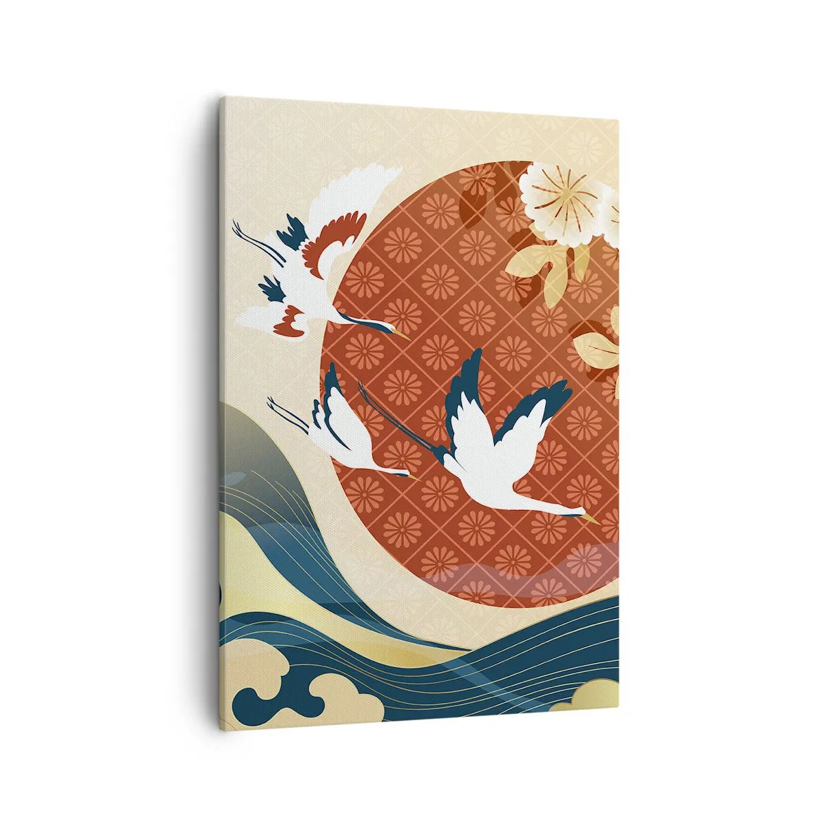 Cuadro sobre lienzo - Impresión de Imagen - Composición japonesa con grullas y olas. - 50x70cm - Un cuento de hadas japonés - Decoración de pared moderna para salón y dormitorio ARTTOR