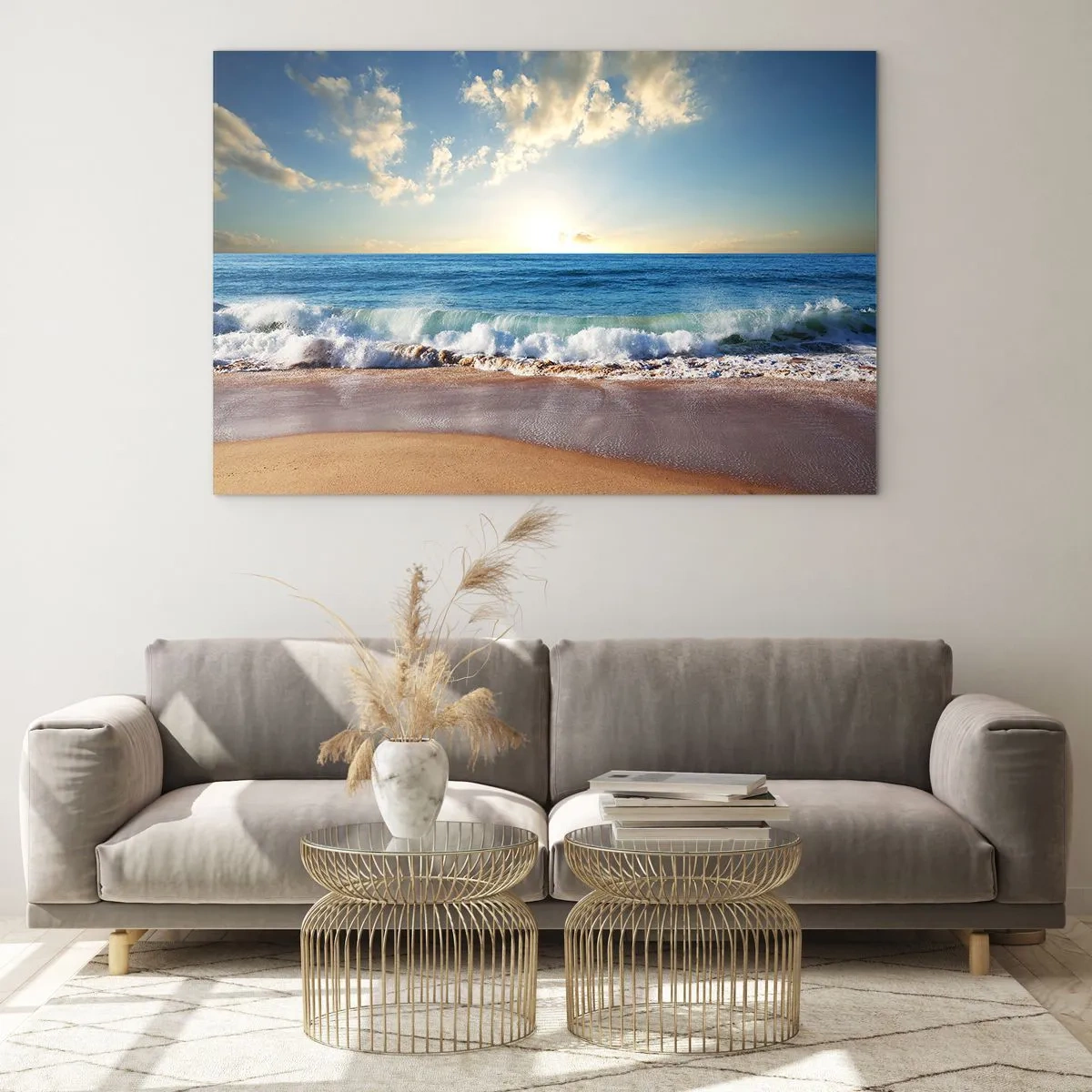 Cuadro sobre vidrio - Impresiones sobre Vidrio - Olas del océano rompiendo en una playa dorada al amanecer - 120x80cm - Movimiento y quietud al mismo tiempo - Decoración de pared moderna para salón y dormitorio ARTTOR