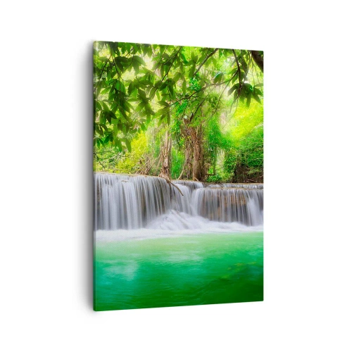 Cuadro sobre lienzo - Impresión de Imagen - Una cascada verde rodeada de densa vegetación tropical. - 50x70cm - Cascada en verde - Decoración de pared moderna para salón y dormitorio ARTTOR