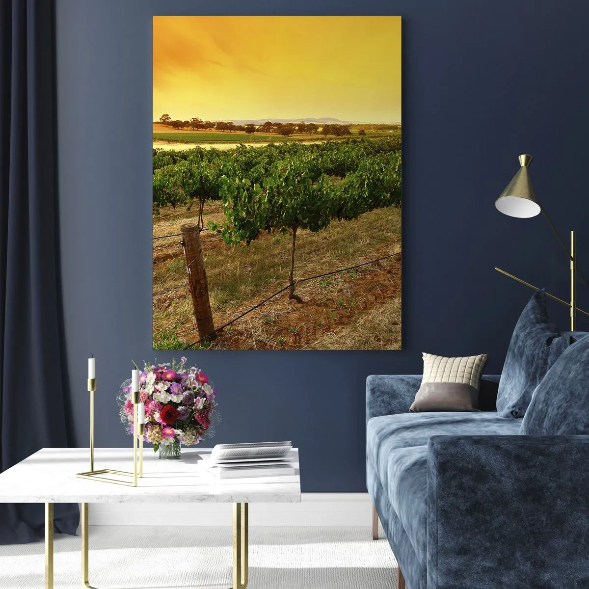 Cuadro sobre vidrio - Impresiones sobre Vidrio - Vides en una plantación al atardecer dorado - 70x100cm - Un trago del sol - Decoración de pared moderna para salón y dormitorio ARTTOR