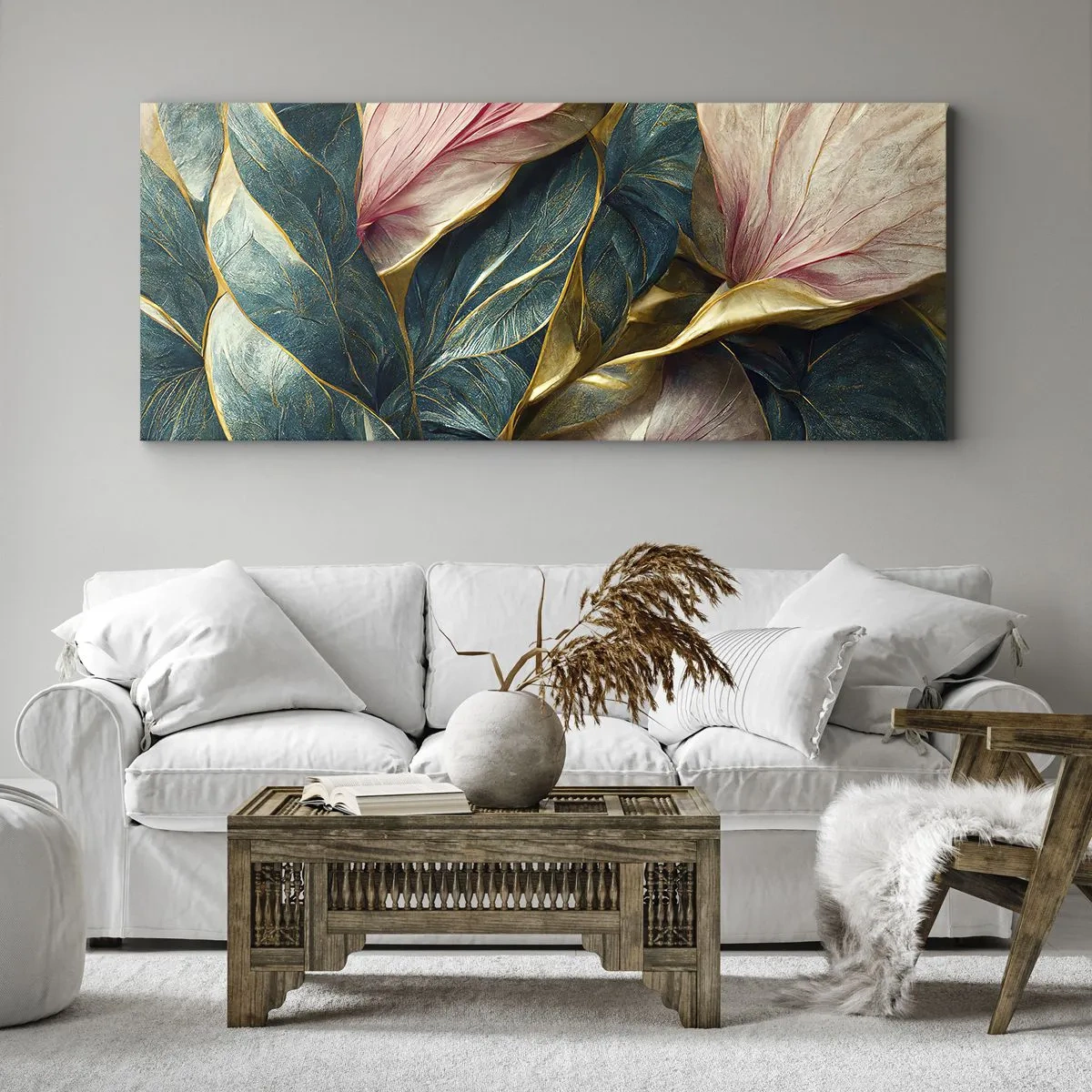 Cuadro sobre lienzo - Impresión de Imagen - Hojas elegantes en verde, dorado y rosa. - 160x50cm - Elegancia y estilo naturales - Decoración de pared moderna para salón y dormitorio ARTTOR