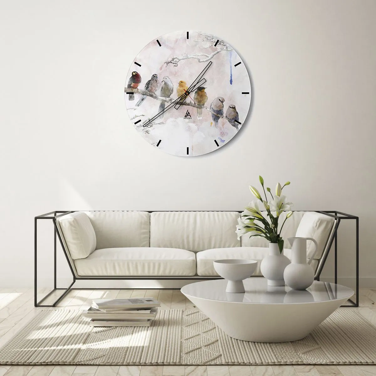 Reloj de pared - Reloj de vidrio - Acuarela de pájaros posados en una rama. - 30x30cm - Reunión alada - Decoración de pared moderna para salón, cocina y dormitorio ARTTOR