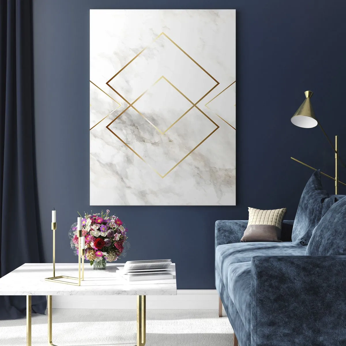 Cuadro sobre vidrio - Impresiones sobre Vidrio - Rombos geométricos dorados sobre un fondo de mármol blanco - 50x70cm - Una vista al infinito - Decoración de pared moderna para salón y dormitorio ARTTOR